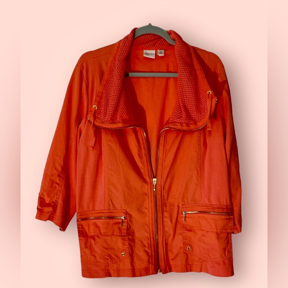 CHICO’S Zenergy CORAL (not pinkish) Zippered Mesh Knit Collar Trim Jacket Size 3